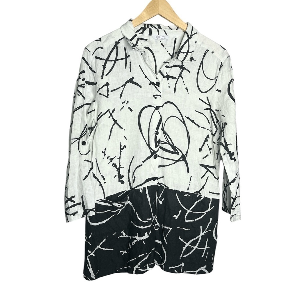 Dolcezza 100% Linen Mixed Print Abstract Button Front Tunic Top 3/4 Sleeve, M